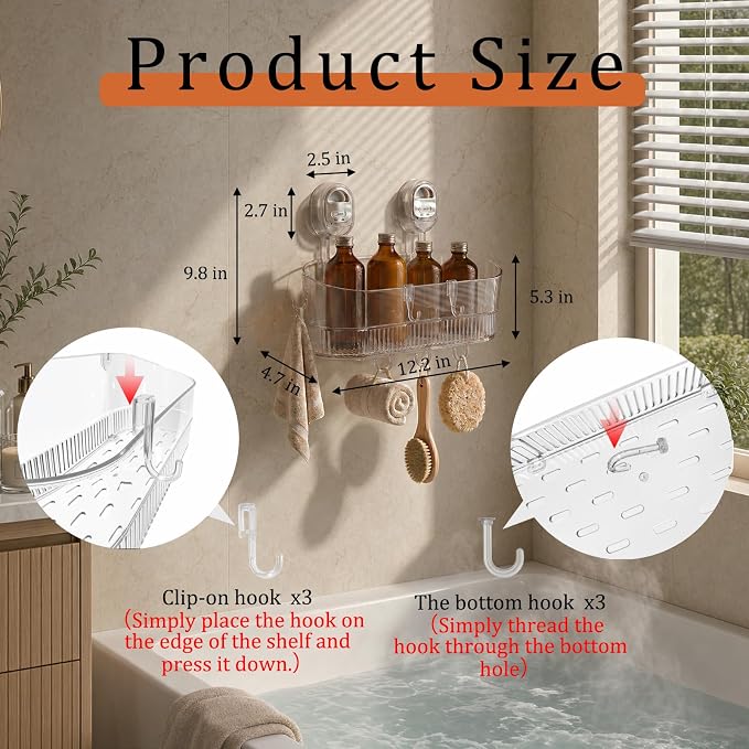 AVOKIHI Suction Cup Shower Caddy with 6 Hooks, No Drill Shower Shelf | Features 6 hanging hooks for loofahs and razors. Clear waterproof bathroom organizer. No drill traceless suction design.