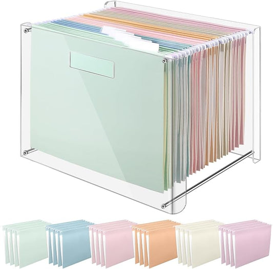 Dispowreath 24 Hanging File Folder with Acrylic Organizer for Letter/a4 Size Desktop Clear File Storage Box with Handles for Home Work Office Use(Colorful,Classic)