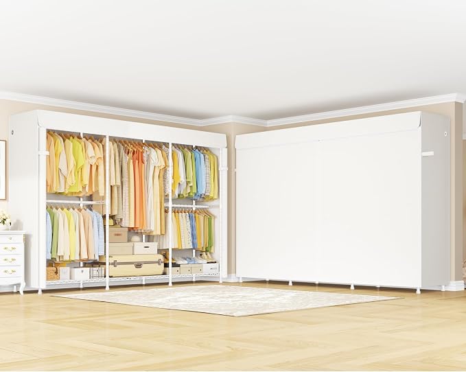 E14C Max Heavy Duty Closet Organizer System，Freestanding Clothing Racks for Hanging Clothes，Adjustable Garment Rack 86" W × 16" D × 77" H Hold 1060 lbs，White Rack with White Cover