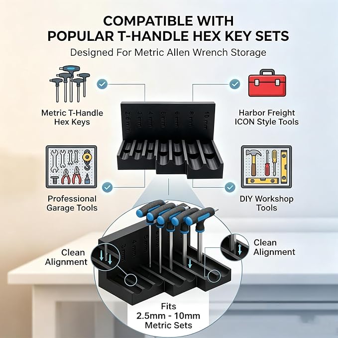 Magnetic T-Handle Hex Key Organizer Rack,Professional Workshop Wall Mount Metric Allen Wrench Holder,Tool Cabinet Storage Stand for Harbor Freight ICON (Tools Not Included)