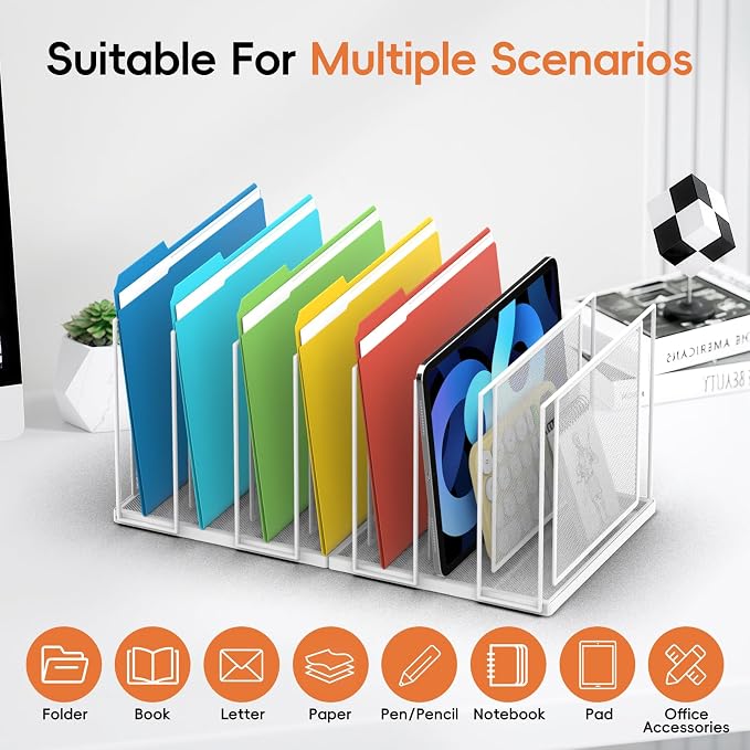 File Organizer For Desk, 7 Section Metal Desktop File Sorter, White | Desk file organizer, connectable 7 section design, 2.17 in spacing, vertical folder storage for home office and classroom