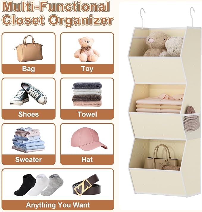 Hanging Closet Organizer 3 Shelf Collapsible Fabric Closet Organizers and Storage Hanging with Mesh Pocket for Clothes, Hanging Wardrobe Organizers and Storage for Sweater T-Shirt Shoes Toys, Beige