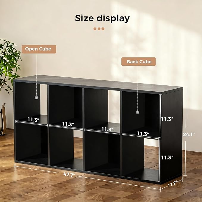 LUCKLIFE 8-Cube Storage Organizer, Stackable Modular Bookcase Shelf with Vertical or Horizontal Use, Fits 11×11" Bins, Optional Back Panels, for Living Room, Office, Black