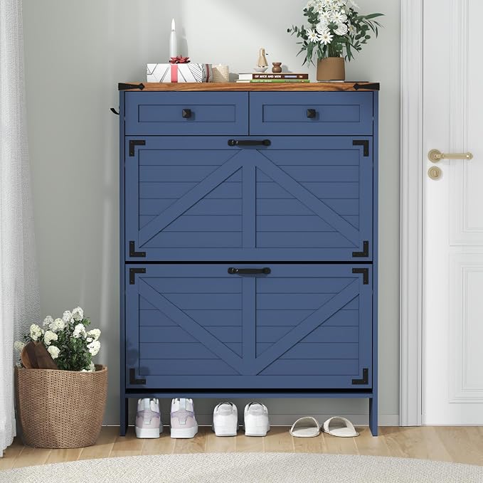Shoe Cabinet with 2 Flip Drawers and Deodorizing Function, Hidden Shoe Storage Cabinet with 2 Pull-out Drawers, Farmhouse Shoe Organizer for Entryway, Narrow Shoe Rack for Front Door Entrance, Blue