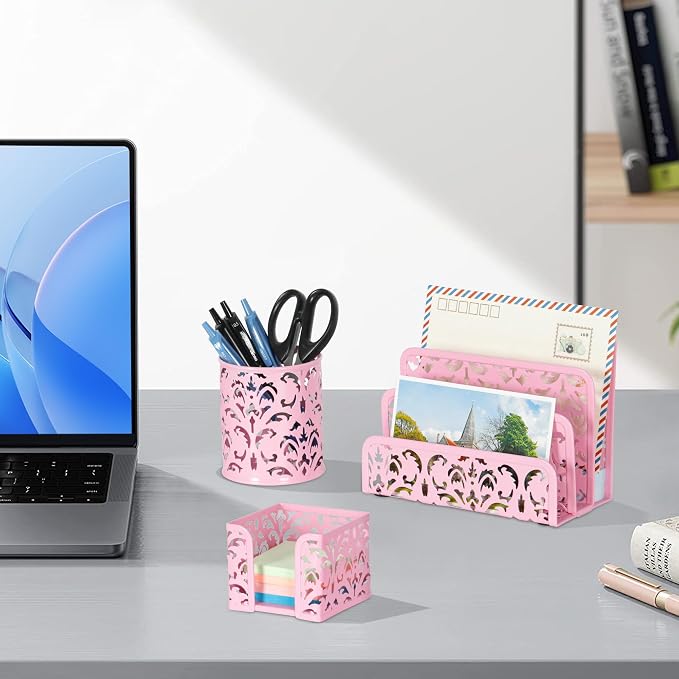 EasyPAG Desk Organizers and Accessories 3 Pieces Office Organizer Set - Pen Holder for Desk, Mail Sorter Countertop and Sticky Note Holder, Pink