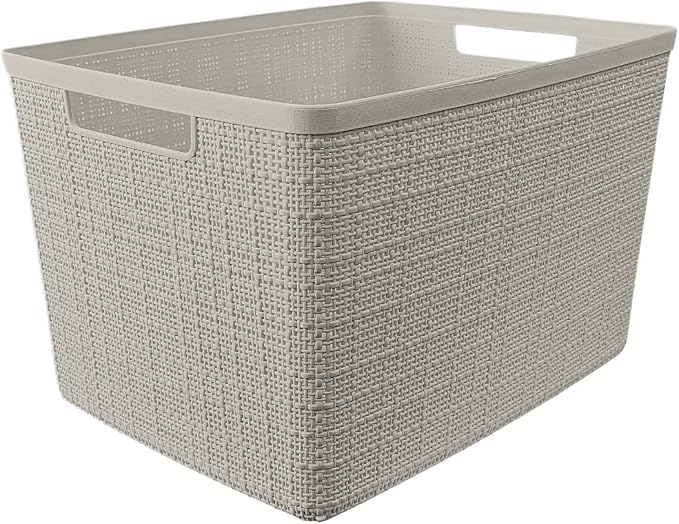 Large Beige Decorative Storage Basket With Woven Jute Look Design, Cutout Handles, 14" X 11" X 9" Organizer For Closet, Bathroom, Kitchen, Office And Home Storage