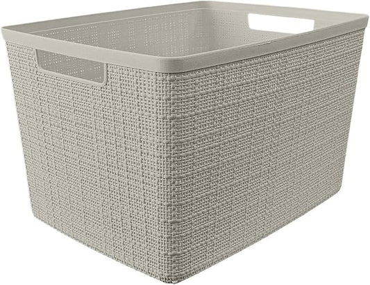 Large Beige Decorative Storage Basket With Woven Jute Look Design, Cutout Handles, 14" X 11" X 9" Organizer For Closet, Bathroom, Kitchen, Office And Home Storage