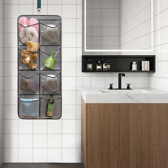 Dual-Sided Hanging Closet Organizer for Socks Underwear Bra Kids Storage Organizer for Baby Clothes Toddler Shoes with 26 Pockets (Grey-Clear Pockets)