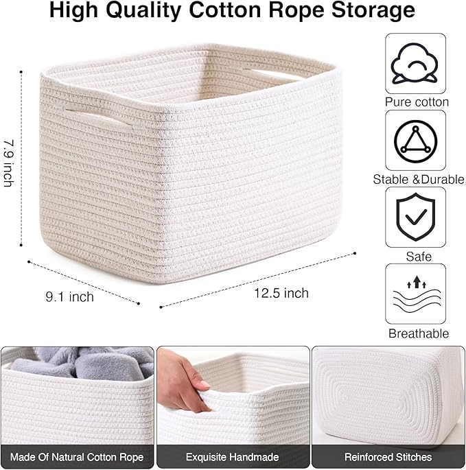ICERZCZ Storage Baskets for Organizing 12.5"x9.1"x7.9" (4 Packs) Off White | Storage Bin for Shelves, Woven Cotton Rope Basket with Handles for Bedroom Living Room Nursery Bathroom