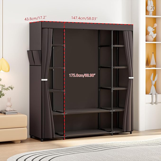 SORCEDAS Portable Closet Wardrobe Organizer Storage with Cover Non-Woben Fabric Portable Wardrobe Closet for Hanging Clothes Racks Shelving 33 Inch for Bedroom, Blue (Coffee, 59Inch)