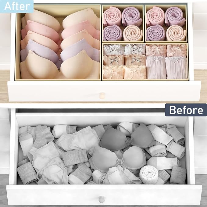 DIMJ Drawer Organizer Clothes, 28 Pack Dresser Organizer, Foldable Closet Organizers and Storage, Fabric Dresser Bins, Drawer Dividers for Nursery, Baby Clothes, Underwears, Sock,Beige