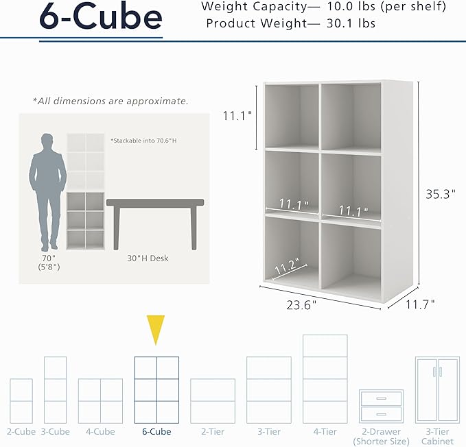 Homes: Inside + Out Apexa 6-Cube Storage Organizer Shelves, Stackable Wood Bookcase Fits Cubby Bins for Organization, Dorm Teen Room Decor & Home Office, Black