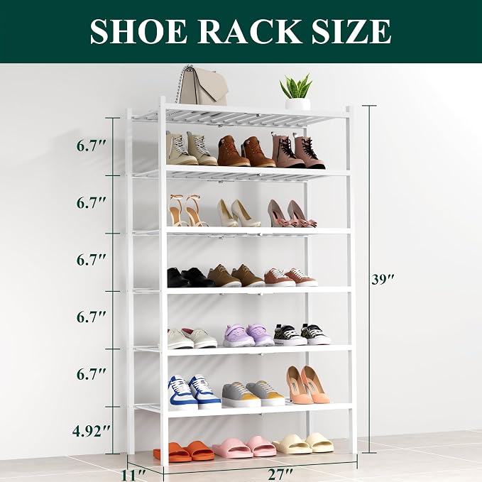Smiry Bamboo Shoe Rack, 14 Vertical Slats, 6 Tier - 26.8" Wide, White | Stackable Free Standing Wooden Shoe Organizer, Wood Shoe Storage Shelf for Closet, Entryway, Thicher Leg