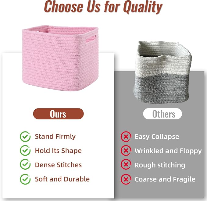 3 Pack Cube Storage Bin, 9”x9”x7” Cotton Rope Woven Baskets for Organizing Toys Clothes Towels, Square Gift Storage Baskets for Shelves, Nursery, Closet, Bathroom, Pantry (Pink)