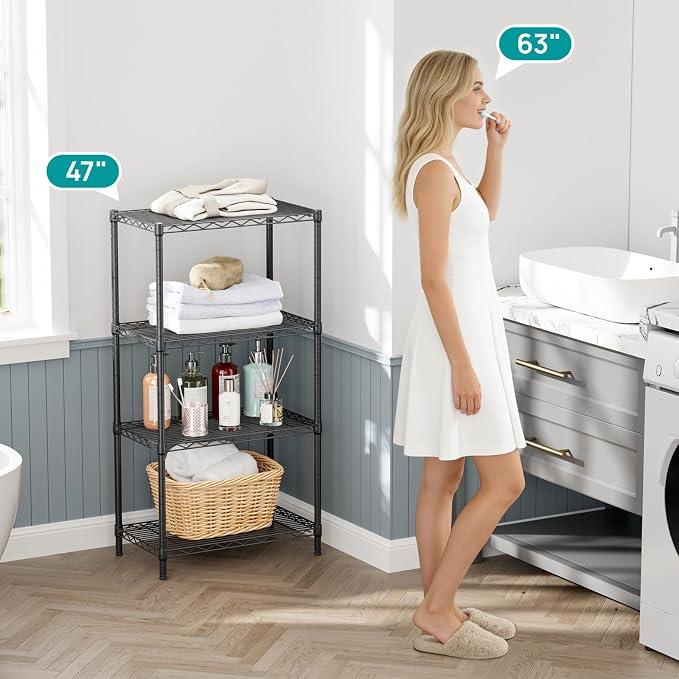 SINGAYE 4 Metal Shelves Wire Shelving Storage Shelf Adjustable Unit Pantry | 4 Tier Kitchen Laundry Room Organization Home Pantry Closet Bathroom Organizers Garage Rack 14" D x 24" W x 48" H Black
