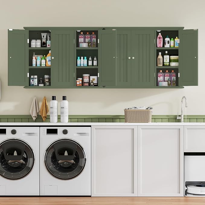 ChooChoo Laundry Cabinet with 3 Doors and Adjustable Shelves | 9.06"D x 31.1"W x 24"H, Bathroom Wall Cabinet, Cupboard, Green
