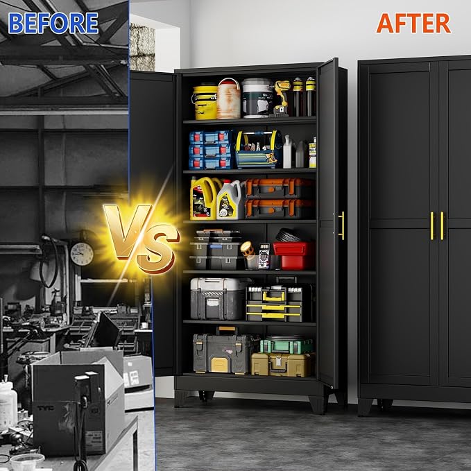 GAIOUS 75'' Tall Metal Garage Storage Cabinet, File Cabinet with 2 Doors and 5 Adjustable Shelves, Black Outdoor Steel Tool Cabinets for Home Office,Warehouse,Garage