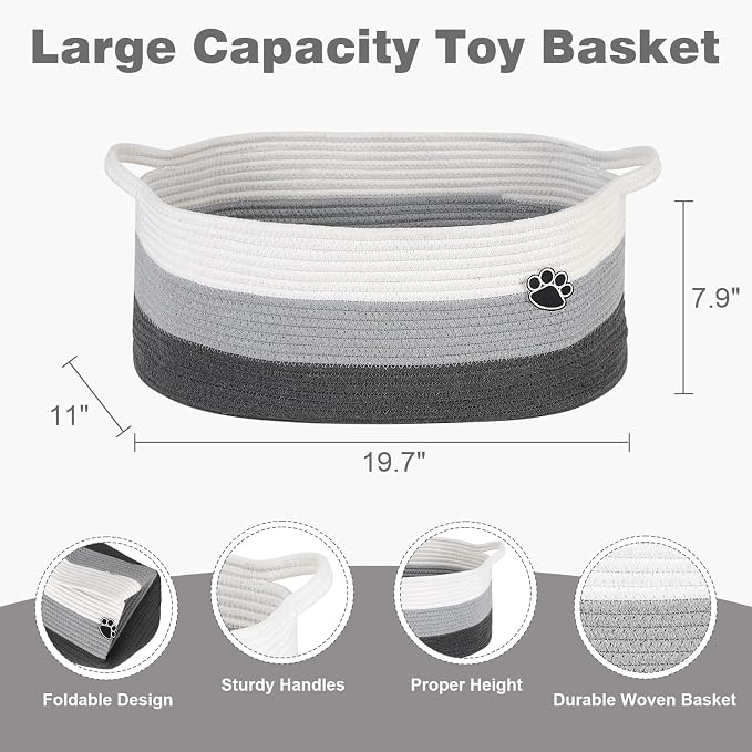 Optish Dog Toy Basket, 30L Toy Box and Bin for Dog Cat Storage, 19.7" X 11" X 7.9" Large Woven Rope Basket for Blankets, Living Room, Bedroom, White & Grey