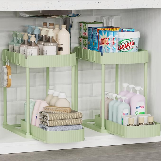 Ukeetap 2 Pack Multi-Purpose Pull-Out Storage Organizers, Under Sink Organizers and Storage for Bathroom & Kitchen, Under Cabinet Organizers and storage, 14.8 Inch, Green