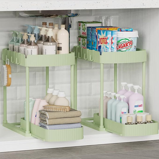 Ukeetap 2 Pack Multi-Purpose Pull-Out Storage Organizers, Under Sink Organizers and Storage for Bathroom & Kitchen, Under Cabinet Organizers and storage, 14.8 Inch, Green