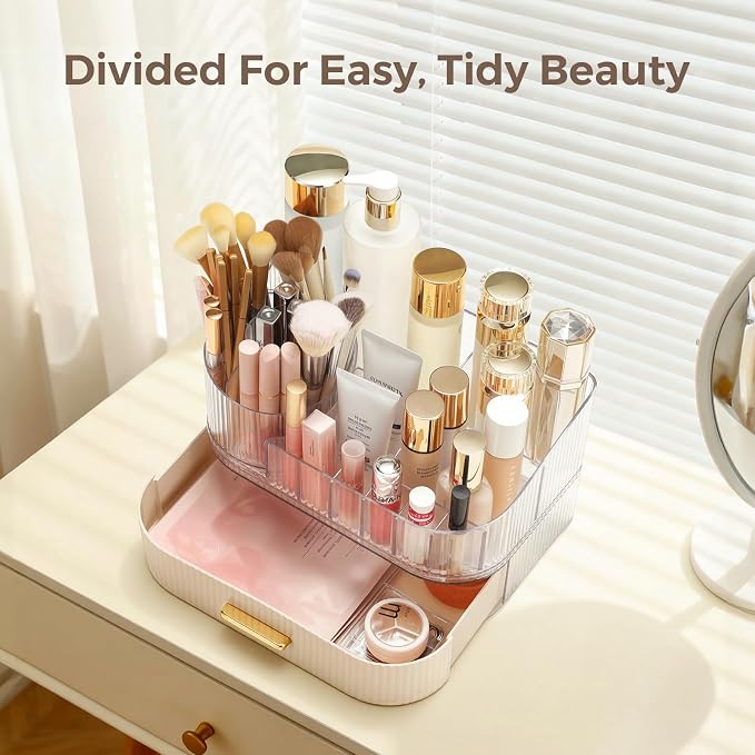Delamu Rotating Makeup Organizer countertop, Brush Holder for Vanity, White | Stackable Drawer Makeup Storage for Skincare, Lipstick, Brushes & Perfume, Fits Dresser & Bathroom Countertop, Gift for Women