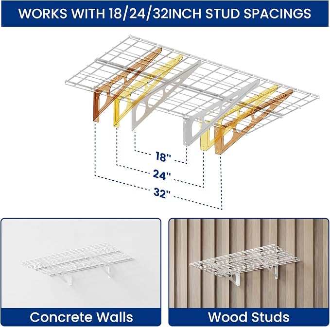 FLEXIMOUNTS 2-Pack 2x4ft Garage Shelving with Hooks, 600lbs Load, White | 24-inch-by-48-inch Wall Shelf Garage Storage Racks Floating Shelves, Rustproof Seamless Grid Design, Classic Series
