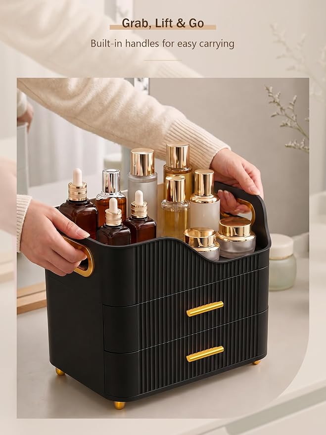 Booklov Large Makeup Organizer for Vanity, Bathroom Countertop, Black | Plastic Cosmetic Display Case with Drawers, Beauty Brush Holder for Dresser Counter Skincare Eyeshadow Lipstick Storage