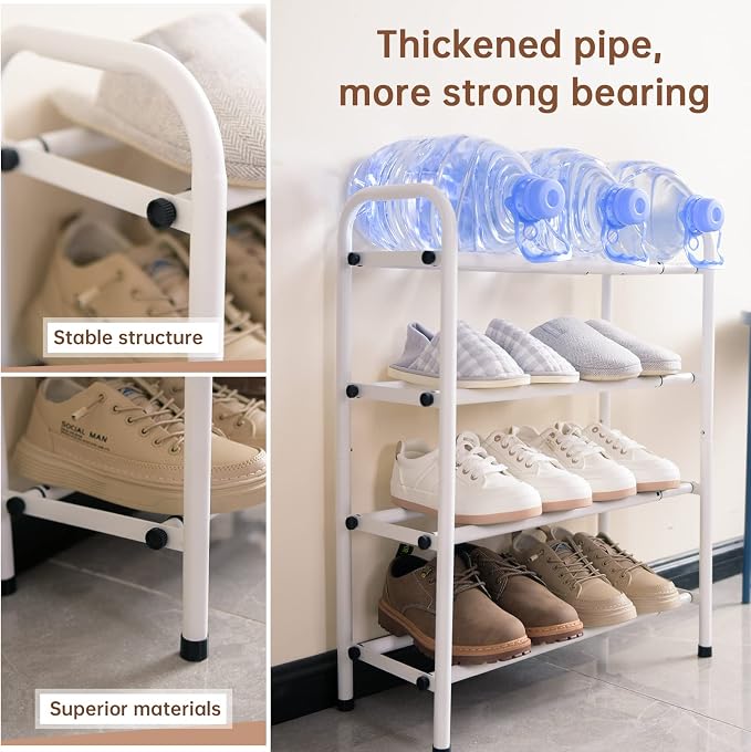 Gonfoam Expandable 4-Tier Shoe Rack for Closet and Entryway, White | Tool-Free Assembly, Metal Material, Adjustable Shoe Organizer, Sturdy, Small Space Solution, Dorms, Garages, Apartments.