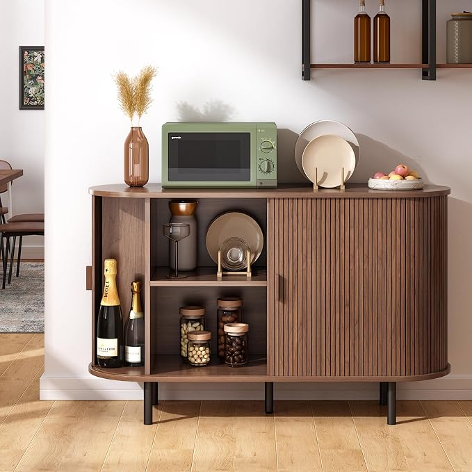 48" Sideboard Buffet Cabinet with Storage, Storage Cabinet with Sliding Door & Adjustable Shelf, Modern Accent Coffee Bar Console Table for Kitchen, Entryway, Walnut