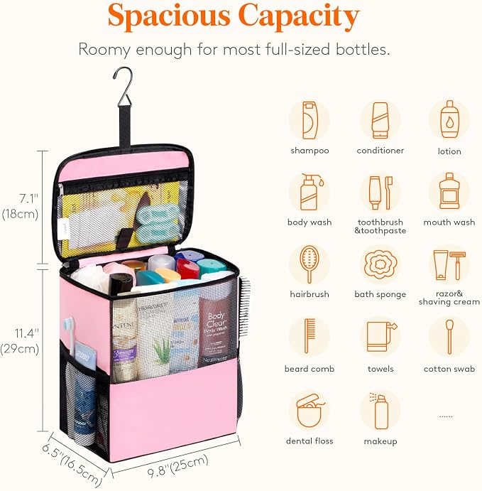 Lifewit Mesh Shower Caddy Bag Portable for College Dorm Room Essentials, Hanging Organizer Basket, Quick Dry Tote Bag for Camping, Bathroom, Beach, Travel, Large, Pink
