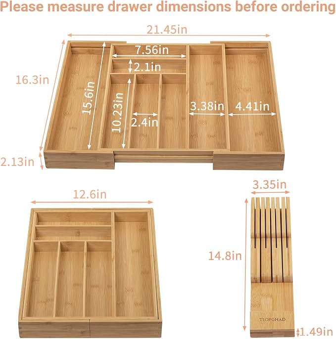 Expandable Bamboo Silverware Drawer Organizer Tray, Natural | Removable Knife Block, Holds 7 Knives, Adjustable Dividers, 12.6-21.45 x 16.3 x 2.13 in, Drawer Insert for Utensils, Forks
