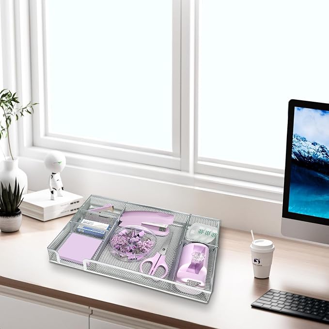 Purple Office Desk Accessories Set, Complete Supplies Kit with Organizer | Purple Office Supplies Set with Stapler, Tape Dispenser, Scissors, Clips and More for Organized Workspace