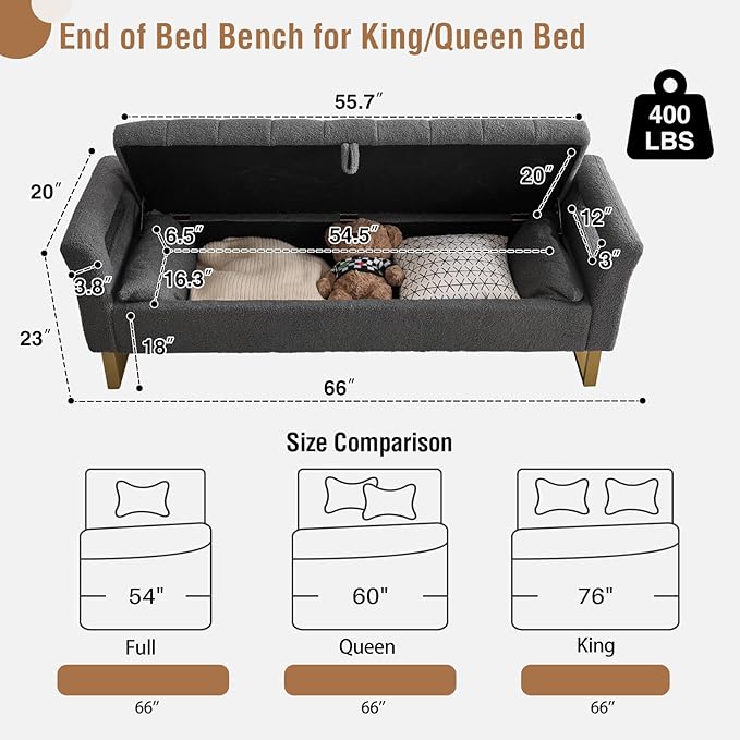 66" Storage Bench for Bedroom Upholstered End of Bed Bench King Size Grey | Long Bedroom Benches for Foot of Bed King,Teddy Storage Bed Bench with Gold Legs,2 Pillows for Entryway Windows Cloakroom