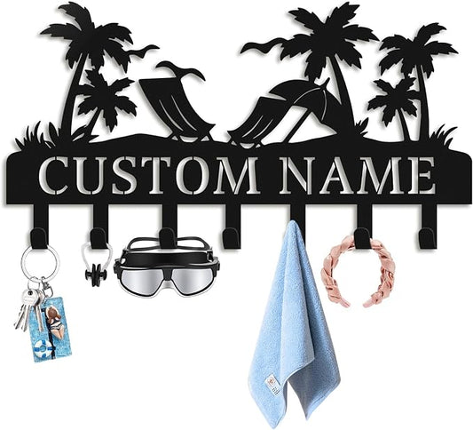 Personalized Key Holder for Wall, Custom Metal Key Hooks with Name | Rust-proof beach design rack for keys, hats, bags and leashes, with free hardware, ideal housewarming gift