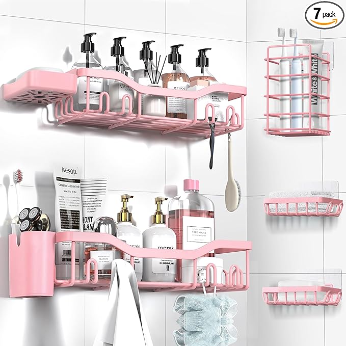 NESOMI Shower Caddy Adhesive Shower Organizer 7-Pack, Rustproof Stainless Steel Bathroom Shelves, Large Capacity No-Drill Rack Storage Accessories with Soap Dish Toothbrush Holder Hooks
