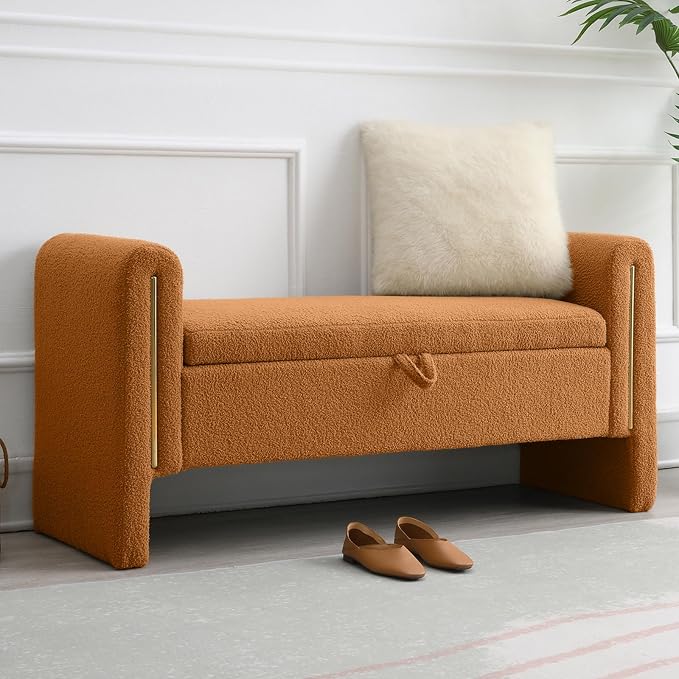 NIOIIKIT 52" Storage Ottoman Bench, Teddy Upholstered Storage Bench with Armrest, Entryway Bench with Pull-Ring, End of Bed Bench, Window Bench for Living Room (Coffee)