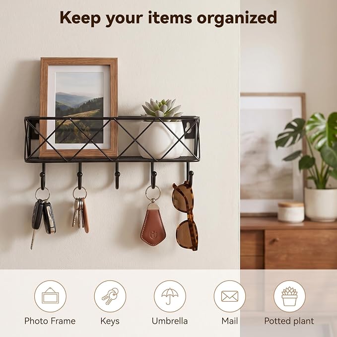 HappyHapi Key Holder Wall Mount, Metal Key Rack, 9.8”Lx2.1”Wx4.1”H | Wall Mounted Key Hooks for Wall with 5 Hooks, Mail Holder for Wall for Entryway, Bedroom, Living Room