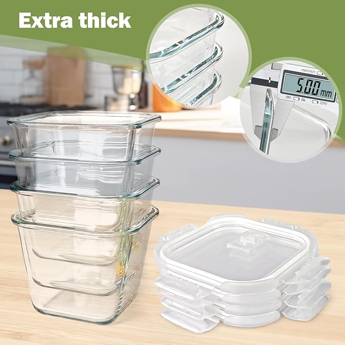 Borosilicate Glass Soup Containers with Lids, 4 Cup/32 oz, 4 Pack | Microwave Dishwasher Oven Freezer Safe | Airtight Leak Proof | Food Grade | Square Soup Meal Prep | Lunch | Food Storage Set