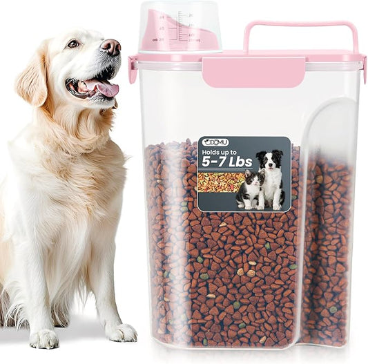 Dog Cat Food Storage Container with Cup (Pink, 5L) | Pet Food Pourable Container Airtight with Large Spout, BPA-Free Plastic Food Dispenser for Pet Food, Bird Seed, Rice, Flour