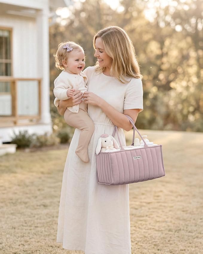 Blissful Diary Baby Diaper Caddy Organizer, Stylish Storage Basket for Newborn Essentials and Diaper Station, Gift for Baby Shower and Registry Must-Have, Mauve Pink | Stylish Storage Basket
