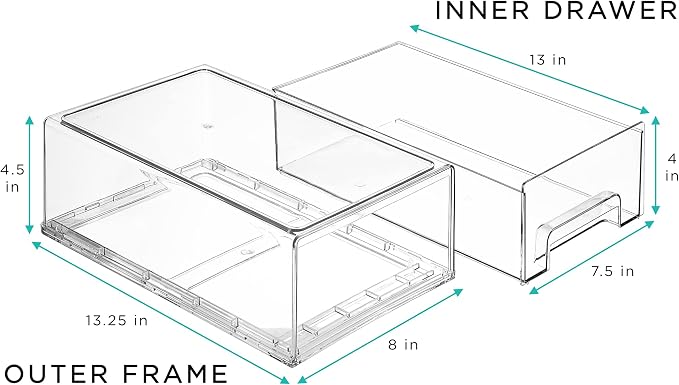 Sorbus Medium Clear Stackable Storage Drawers – 2-Pack Plastic Organizer Bins with Handles – Stackable Pull-Out Storage Drawers for Closet, Pantry, Office, Bathroom, Craft, and Toy Organization