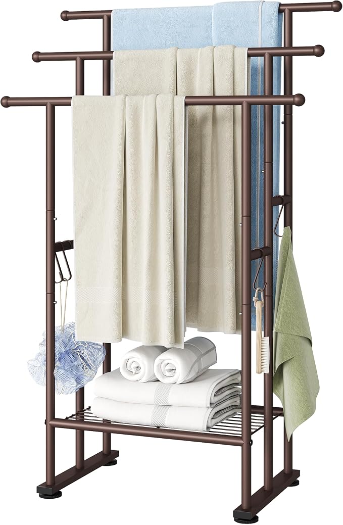 ELYKEN 3 Tier Freestanding Towel Rack with Shelf, 40" H Towel Stand, Bronze | Metal Drying Rack for Oversized Bath Towels & Blankets, 4 Hooks, Indoor & Outdoor Use, Fits Bathroom, Tub, Shower, Poolside