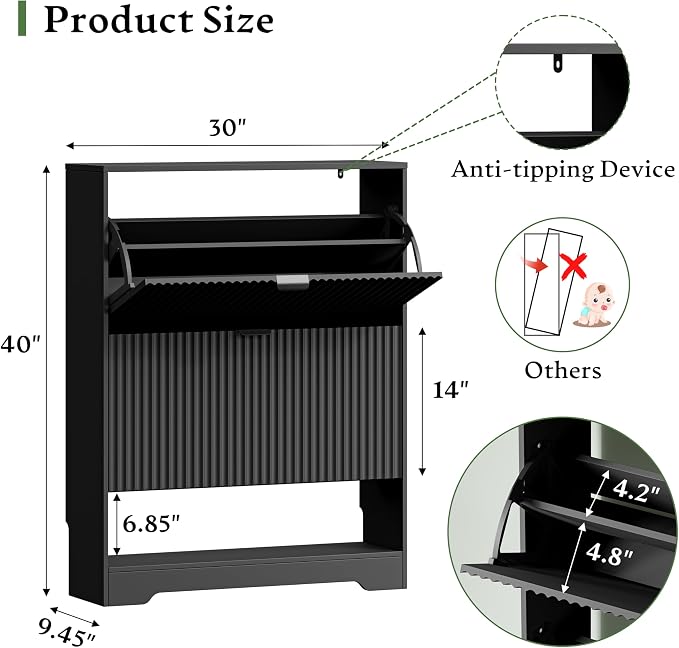 Xixini Shoe Storage Cabinet for Entryway with 2 Flip Drawers, Hidden Slim Wood Shoe Organizer with Modern Fluted Panel, Freestanding Narrow Shoe Rack for Front Door Entrance, Hallway, Foyer, Black