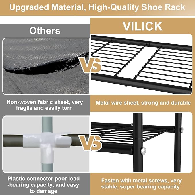 VILICK 5 Tier Shoe Rack 33" Wide Metal Shoe Organizer Long Shoe Storage with 4 Side Hooks Sturdy Shoes Shelf for Closet, Front Door Entrance, Garage, Dorm, Black