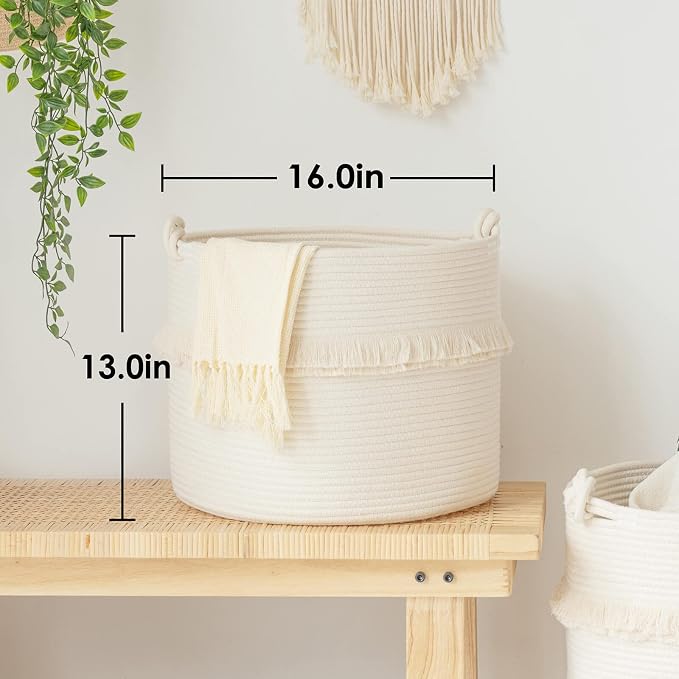 CherryNow 45L Woven Rope Baby Basket with Tassel, 16" x 13", Off-White | Decorative Boho Laundry Basket for Blankets & Towels Storage, Fits Living Room & Nuesery Home Decor, with Knotted Handles