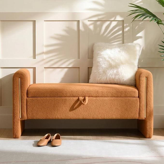 52" Flip-Top Storage Ottoman Bench, Teddy Entryway Bench (Coffee) | Teddy Fleece Upholstered End of Bed Bench with Armrests, Soft Padded Window Bench for Living Room Bedroom Entryway