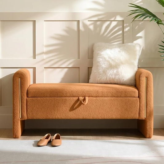 52" Flip-Top Storage Ottoman Bench, Teddy Entryway Bench (Coffee) | Teddy Fleece Upholstered End of Bed Bench with Armrests, Soft Padded Window Bench for Living Room Bedroom Entryway