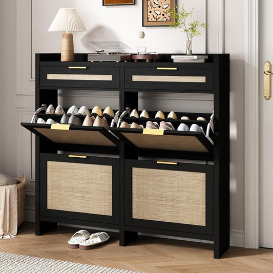 HOKYHOKY Large Rattan Shoe Storage Cabinet with 4 Flip Drawers & 2 Storages | Hidden Slim Shoe Organizer, Farmhouse Boho Narrow Shoe Rack, Large Tabletop Space, Entryway, Rustic Black