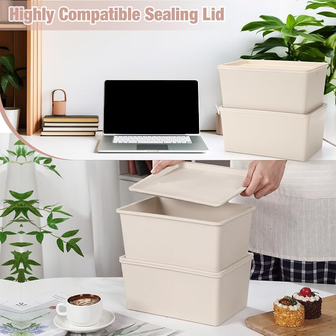 6 Pcs Storage Bins with Lids Small Plastic Storage Containers Stackable Storing Baskets Box Cute Organizer Bins for Organizing Shelves (Beige)