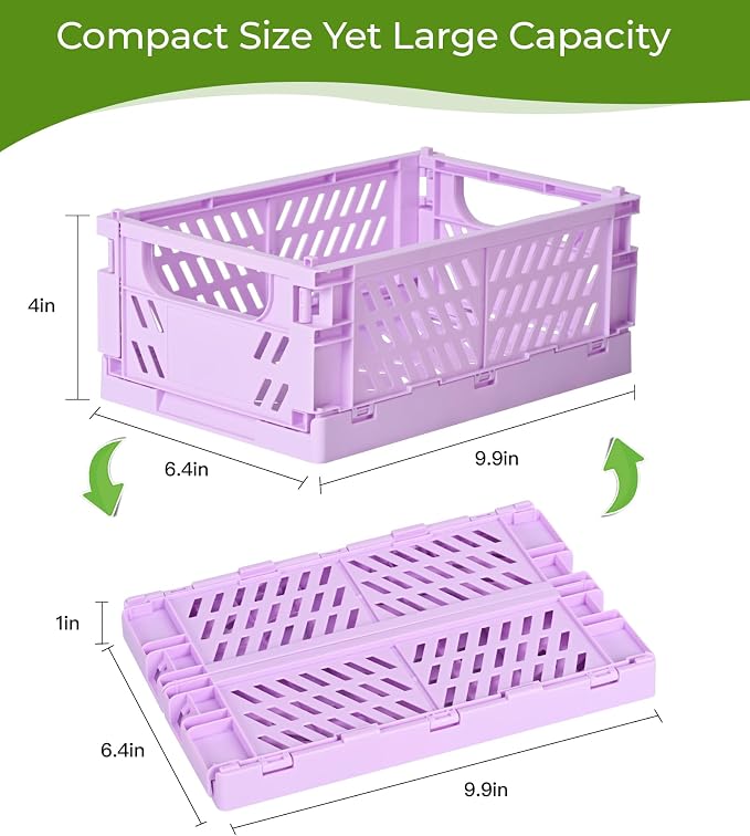 HUUSMOT 2-Pack Collapsible Plastic Storage Baskets, Purple, 9.8"x6.5"x3.8" | Pastel, Space-Saving, Collapsible Plastic Bins, Cute Mini Storage Crates, for Classroom, Kitchen, Office, Bedroom